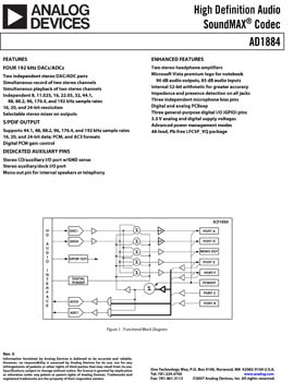AD1884. HD Audio CODEC, 4 channels, up to 90 dB performance