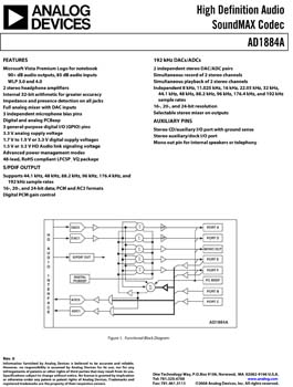 AD1884A. Audio CODEC, 4DACs/4ADCs, exceeds Microsoft Vista Premium performance for notebooks