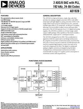AD1928. 2 ADC/8 DAC with PLL, 192 kHz, 24-Bit Codec
