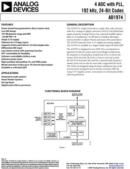 AD1974. 4 ADC with PLL, 192 kHz, 24-Bit Codec