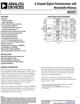 AD5255. 3-Channel, Dual 512 and Single 128 Position Digital Potentiometer with Nonvolatile Memory