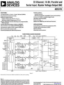 AD5378. 32-Channel 14-Bit Serial/Parallel Bipolar D/A Converter