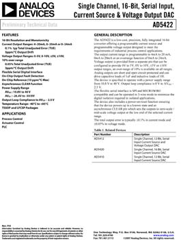 AD5422. Single Channel, 16-Bit, Serial Input, Current Source & Voltage Output DAC
