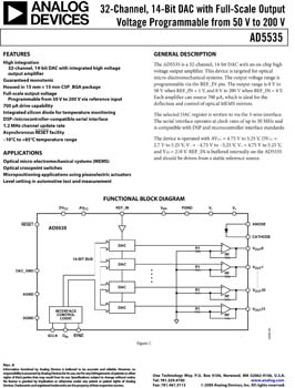 AD5535. 32-Channel, 14-Bit DAC with Fullscale Output Voltage Programmable from 50 V to 200 V