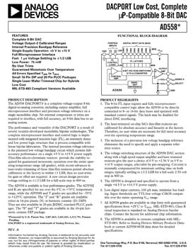 AD558. Voltage-output 8-bit digital-to-analog converter, including output amplifier, full microprocessor interface and precision