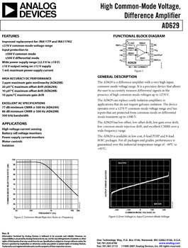 AD629. High Common-Mode Voltage, Difference Amplifier