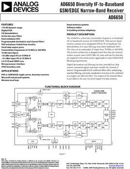 AD6650. Diversity IF-to-Baseband GSM/EDGE Narrow-Band Receiver 