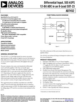 AD7452. Differential Input, 555 kSPS, 12-Bit A/D Converter in 8-Lead SOT-23