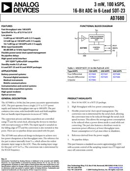 AD7680. 100 kSPS, 16-Bit PulSAR(r) ADC in 6 Lead SOT-23