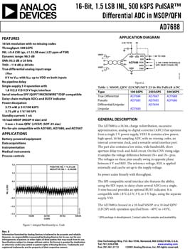 AD7688. 500 kSPS 16- BIT Differential PulSAR(r) A/D Converter in µSOIC/QFN 