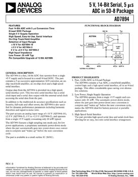 AD7894. True Bipolar Input, 5 V Single Supply, 14-Bit, Serial 4.5 µs ADC in 8-Pin Package