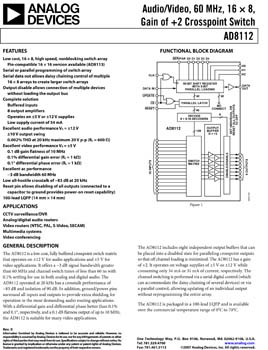 AD8112. Audio/Video, 60 MHz, 16 x 8, Gain of +2 Crosspoint Switch