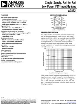 AD822. Single Supply, Dual Precision, Rail to Rail Low Power FET-Input Op Amp