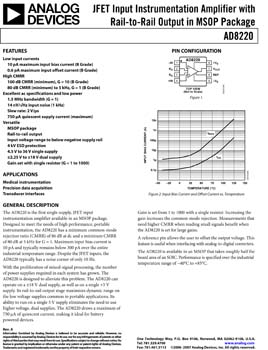 AD8220. JFET Input Instrumentation Amplifier with Rail-to-Rail Output in MSOP Package