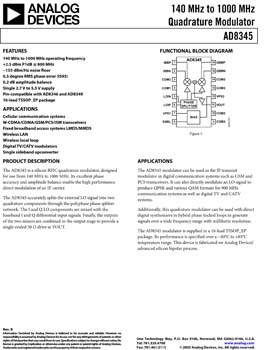 AD8345. 140 MHz to 1000 MHz Quadrature Modulator