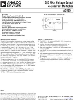 AD835. 250 MHz, Voltage Output 4-Quadrant Multiplier