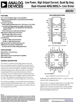 AD8392. Low Power, High Output Current, Dual Channel ADSL/ADSL2+ Line Driver