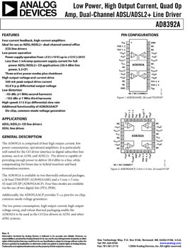 AD8392A. Low Power, High Output Current, Quad Op Amp, Dual-Channel ADSL/ADSL2+ Line Driver