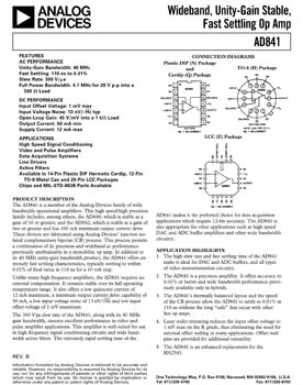 AD841. Wideband, Unity-Gain Stable, Fast Settling Op Amp