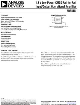 AD8515. 1.8 V Low Power CMOS Rail-to-Rail Input/Output Operational Amplifier