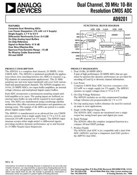 AD9201. Dual Channel 20 MHz 10-Bit Resolution CMOS ADC