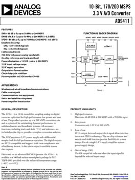 AD9411. 10-Bit, 170/200 MSPS 3.3 V A/D Converter