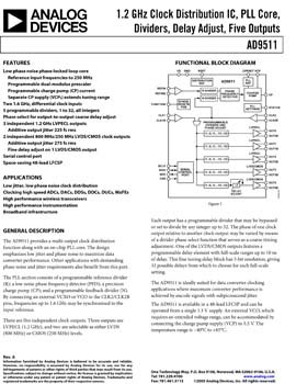 AD9511. 1.2 GHz Clock Distribution IC, PLL Core, Dividers, Delay Adjust, Five Outputs 