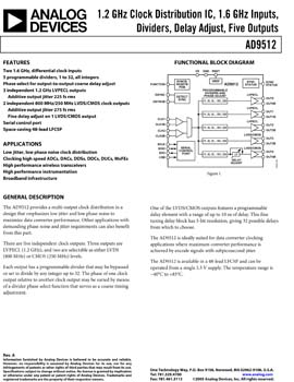 AD9512. 1.2 GHz Clock Distribution IC, Two 1.6 GHz Inputs, Dividers, Delay Adjust, Five Outputs