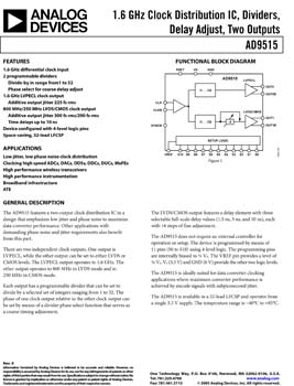 AD9515. 1.6 GHz Clock Distribution IC, Dividers, Delay Adjust, Two Outputs