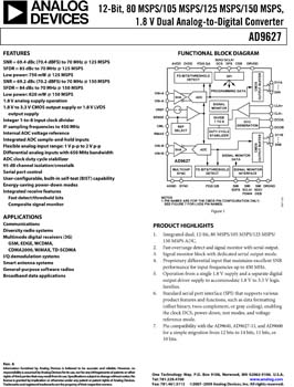 AD9627. 12-Bit, 80 MSPS/105 MSPS/125 MSPS/150 MSPS, 1.8 V Dual Analog-to-Digital Converter