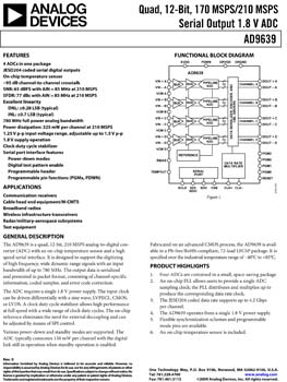 AD9639. Quad 12-Bit, 170/210 MSPS, Serial Output 1.8 V A/D Converter