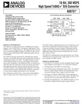 AD9751. 10-Bit, 300 MSPS High Speed TxDAC+(r) D/A Converter