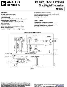 AD9953. 400 MSPS 14-Bit DAC 1.8 V CMOS Direct Digital Synthesizer 