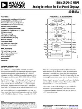 AD9985A. 110 MSPS/140 MSPS Analog Interface for Flat Panel Displays