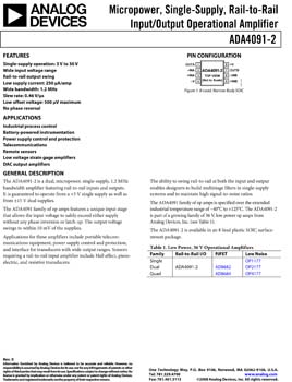 ADA4091-2. Micropower, Single-Supply, Rail-to-Rail Input/Output Operational Amplifier
