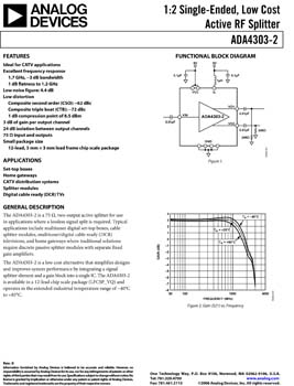 ADA4303-2. 1:2 Single-Ended, Low Cost Active RF Splitter