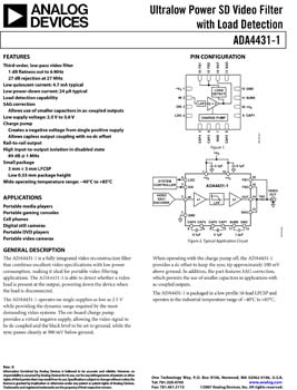 ADA4431-1. Ultralow Power SD Video Filter with Load Detection