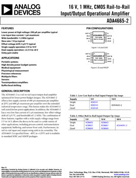 ADA4665-2. 16 V, 1 MHz, CMOS Rail-to-Rail Input/Output Operational Amplifier