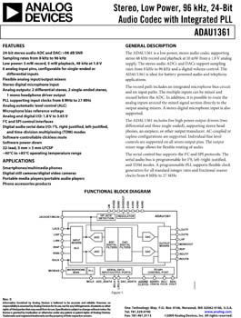 ADAU1361. Stereo, Low Power, 96 kHz, 24-Bit Audio Codec with Integrated PLL