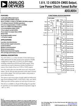 ADCLK854. 1.8 V, 12-LVDS/24-CMOS Output, Low Power Clock Fanout Buffer