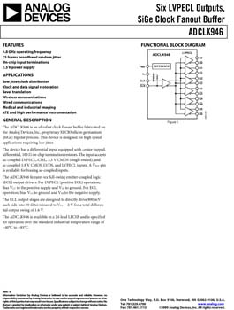 ADCLK946. Six LVPECL Outputs, SiGe Clock Fanout Buffer