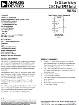 ADG736. CMOS Low Voltage 2.5 ohm Dual SPDT Switch