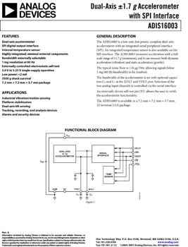 ADIS16003. Dual-Axis ±1.7 g Accelerometer with SPI Interface