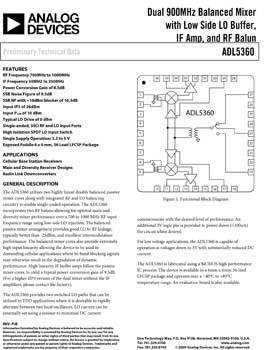 ADL5360. Dual 900 MHz Balanced Mixer with Low Side LO Buffer, IF Amp, and RF Balun