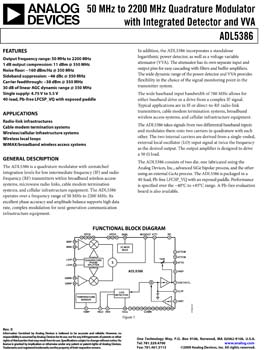 ADL5386. 50 MHz to 2200 MHz Quadrature Modulator with Integrated Detector and VVA