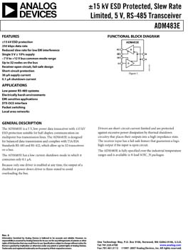 ADM483E. ±15 kV ESD Protected, Slew Rate Limited, 5 V, RS-485 Transceiver