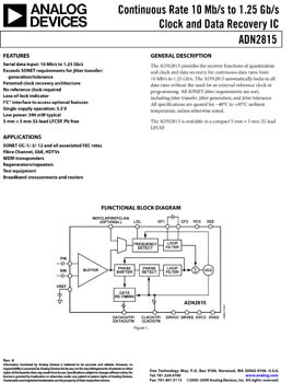 ADN2815. Continuous Rate 10 Mb/s to 1.25 Gb/s Clock and Data Recovery IC