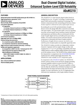 ADUM3210. Dual-Channel Digital Isolator, Enhanced System-Level ESD Reliability