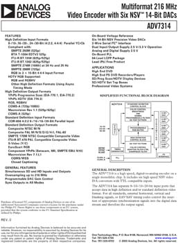 ADV7314. Multiformat 216 MHz Video Encoder with Six NSV(tm) 14-Bit DACs